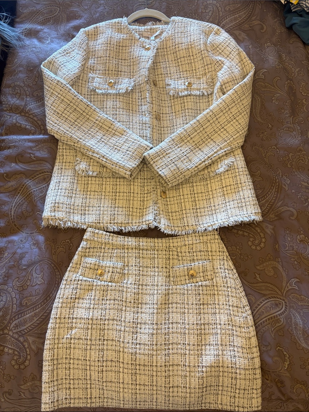 Wayf Cream and Black Tweed Blazer & Skirt Set